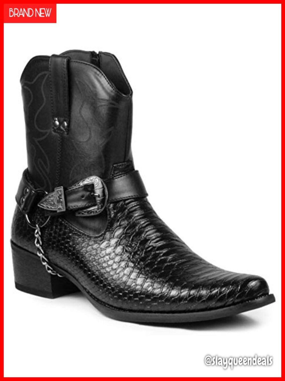 Western Cowboy Boots Faux Crocodile Embossed Pointed Toe Belt Buckle Chain